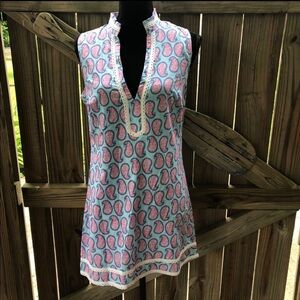 Malabar Bay Aqua Blue with Pink Paisleys Cotton Sleeveless Tunic Dress
